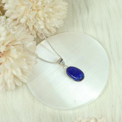 Natural Lapis Lazuli Oval Shape Pendant Locket with Metal Chain for Unisex