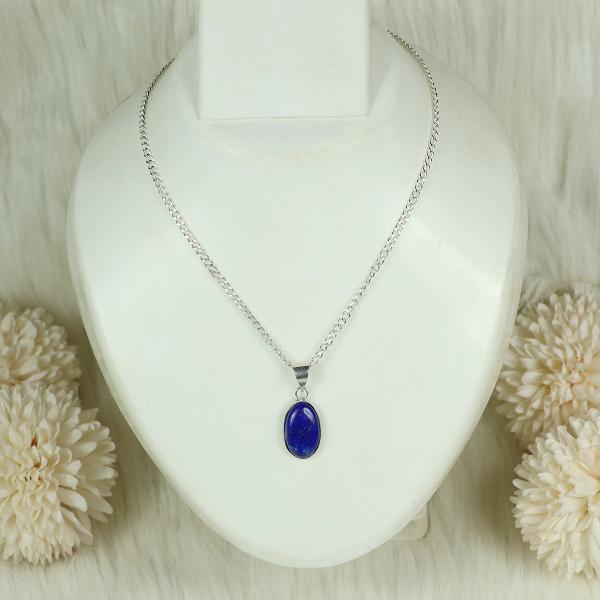 Natural Lapis Lazuli Oval Shape Pendant Locket with Metal Chain for Unisex