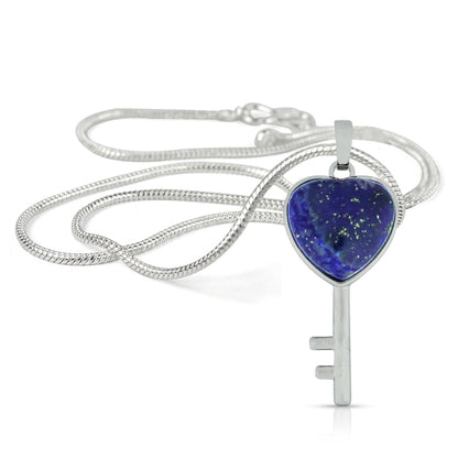 Natural Crystal Stone Heart Key Shape Pendant - Locket with Metal Chain