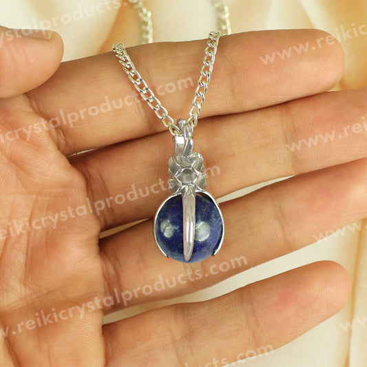 Natural Lapis Lazuli Crystal Stone Ball Shape Pendant - Locket with Metal Chain