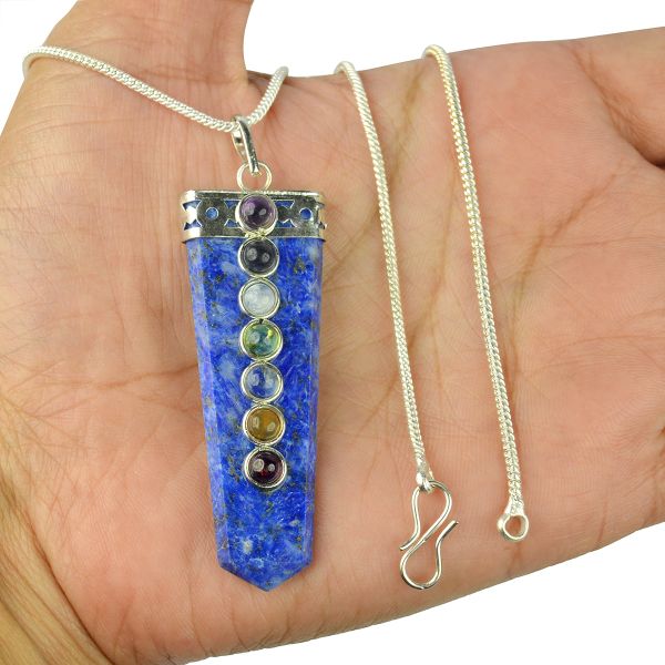 Natural Crystal Stone Flat Stick 7 Chakra Beads Pendant Size 45-50 mm with Metal Chain