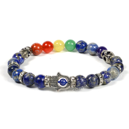 Natural Crystal Stone 7 Chakra Hamsa Charm 8 mm Bracelet