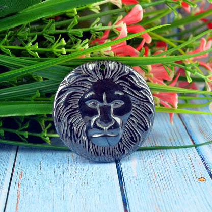 Hematite Crystal Stone Lion Face Pendant