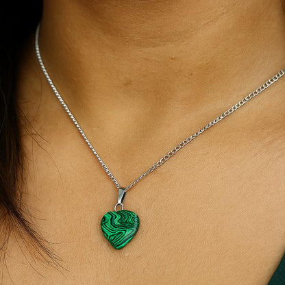 Malachite Crystal Stone Heart Shape Pendant Locket with Chain for Women