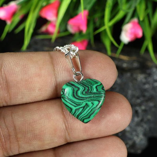 Malachite Crystal Stone Heart Shape Pendant Locket with Chain for Women