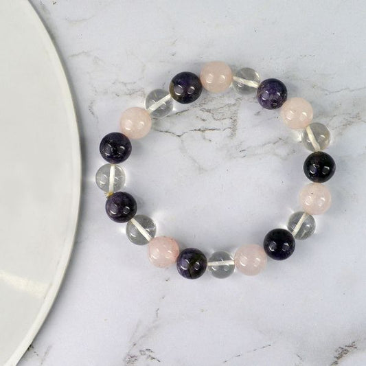 Mind Body Soul Amethyst Rose Quartz Clear Quartz Combination 10 mm Round Bead Bracelet