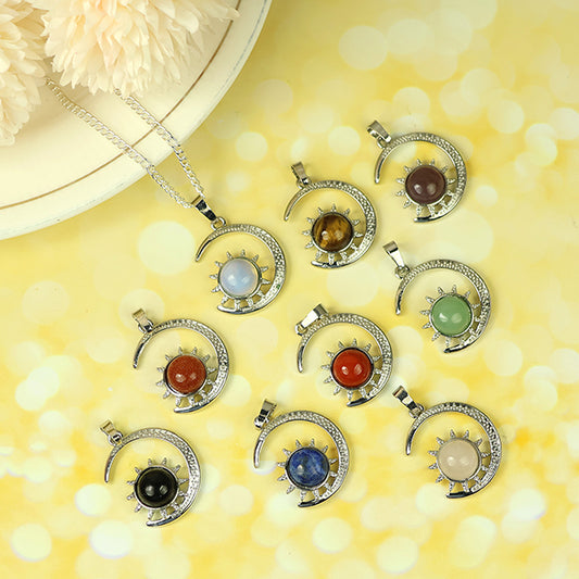 Natural Crystal Stone Sun And Moon Shape Pendant - Locket with Metal Chain