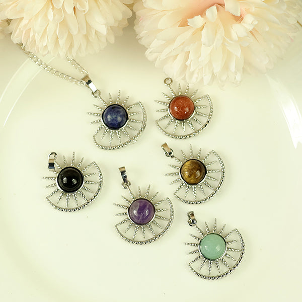 Natural Crystal Stone Sun And Moon Shape Pendant - Locket with Metal Chain