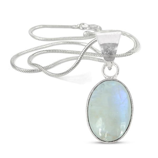 Natural Rainbow Moonstone Oval Shape Pendant Locket with Metal Chain for Unisex