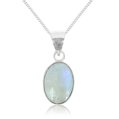 Natural Rainbow Moonstone Oval Shape Pendant Locket with Metal Chain for Unisex