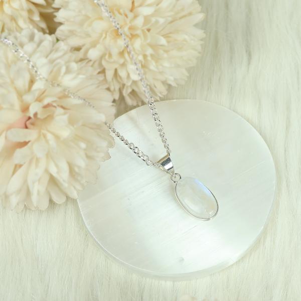 Natural Rainbow Moonstone Oval Shape Pendant Locket with Metal Chain for Unisex