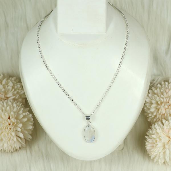 Natural Rainbow Moonstone Oval Shape Pendant Locket with Metal Chain for Unisex