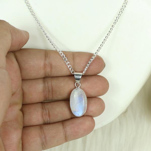 Natural Rainbow Moonstone Oval Shape Pendant Locket with Metal Chain for Unisex