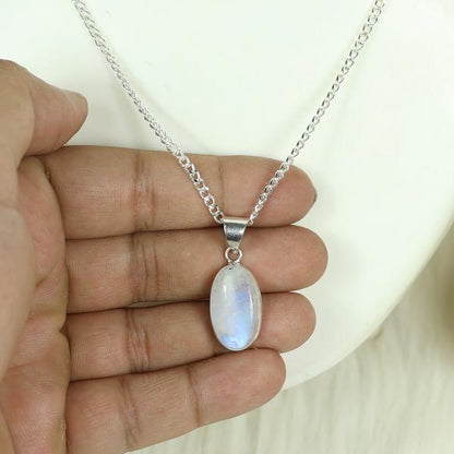Natural Rainbow Moonstone Oval Shape Pendant Locket with Metal Chain for Unisex