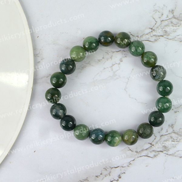 Certified Moss Agate 10 mm Round Bead Bracelet