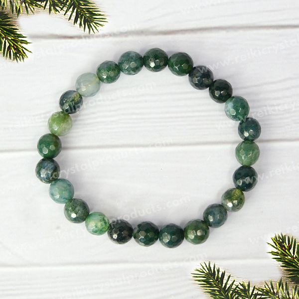 Moss Agate Certificate 8 mm Faceted Bead Bracelet