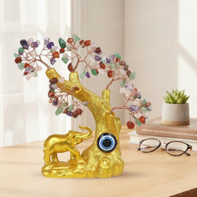 Evil Eye Elephant Crystal Tree with Multi Healing Stones for Protection