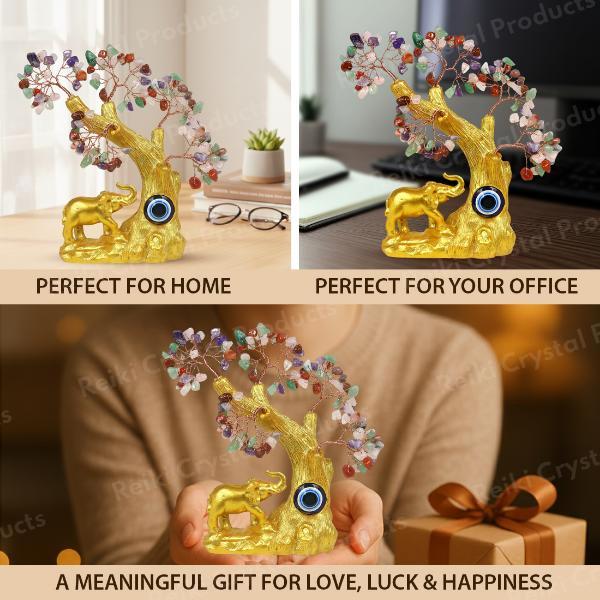 Decorative Elephant Evil Eye Crystal Tree for Home Office Desk