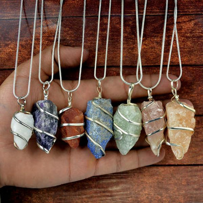 Natural Crystal Stone Wire Wrapped Pendant - Locket with Metal Chain