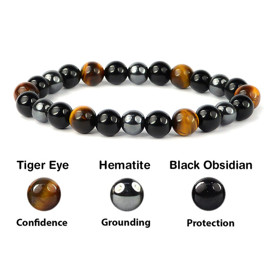 Certified Triple Protection 8mm Bracelet Hematite, Tiger Eye, Black Obsidian