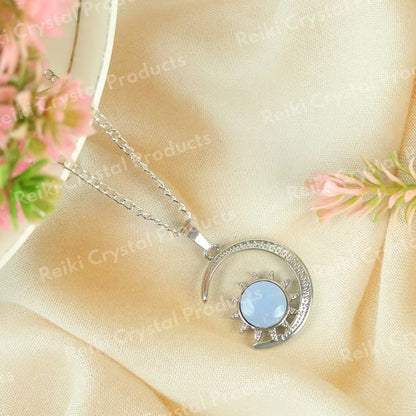 Natural Crystal Stone Sun And Moon Shape Pendant - Locket with Metal Chain