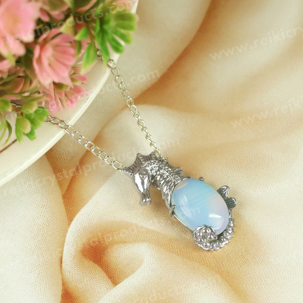 Natural Crystal Stone Seahorse Shape Pendant - Locket with Metal Chain