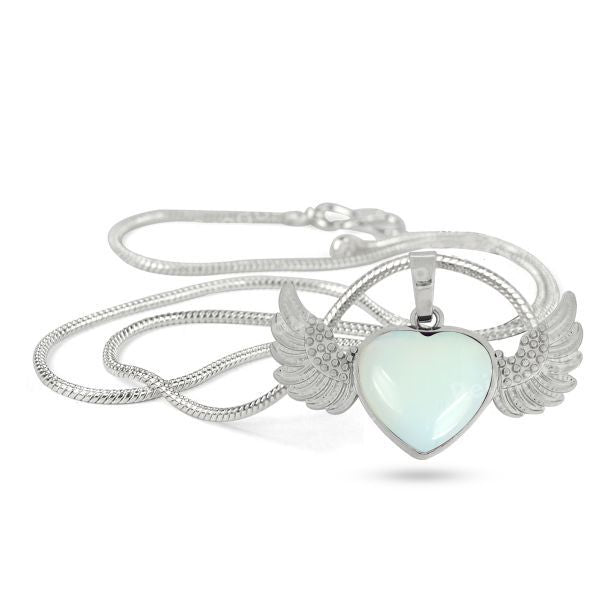 Natural Crystal Stone Angel Wings Heart Shape Pendant - Locket with Metal Chain