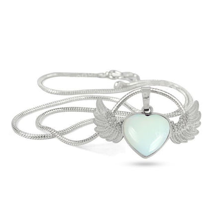 Natural Crystal Stone Angel Wings Heart Shape Pendant - Locket with Metal Chain