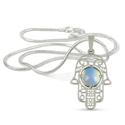 Natural Crystal Stone Hamsa Charm Pendant - Locket with Metal Chain
