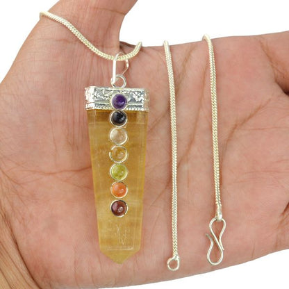 Natural Crystal Stone Flat Stick 7 Chakra Beads Pendant Size 45-50 mm with Metal Chain
