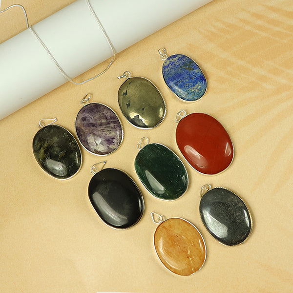 Natural Crystal Stone Oval Shape Pendant - Locket with Metal Chain