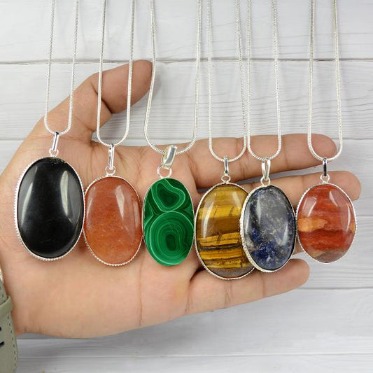 Natural Crystal Stone Oval Shape Pendant - Locket with Metal Chain