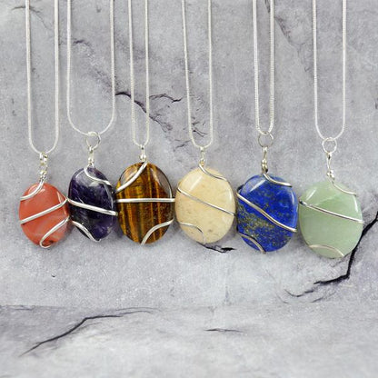 Natural Crystal Stone Oval Shape Wire Wrapped Pendant Size 30-35 mm with Metal Chain