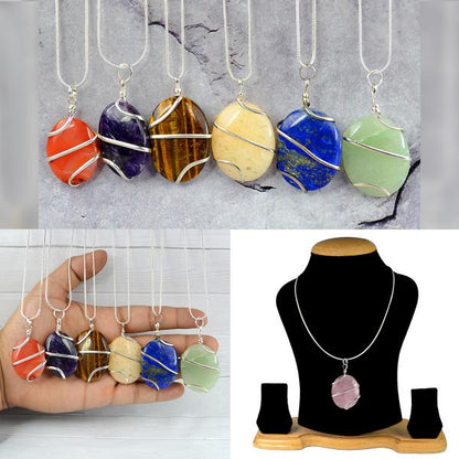 Natural Crystal Stone Oval Shape Wire Wrapped Pendant Size 30-35 mm with Metal Chain