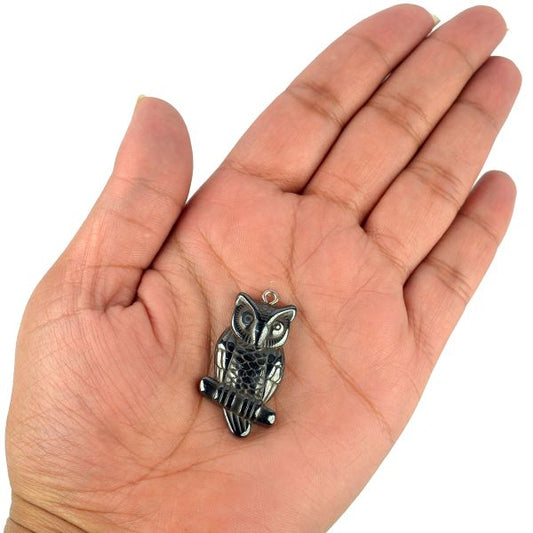 Hematite Crystal Stone Owl Pendant