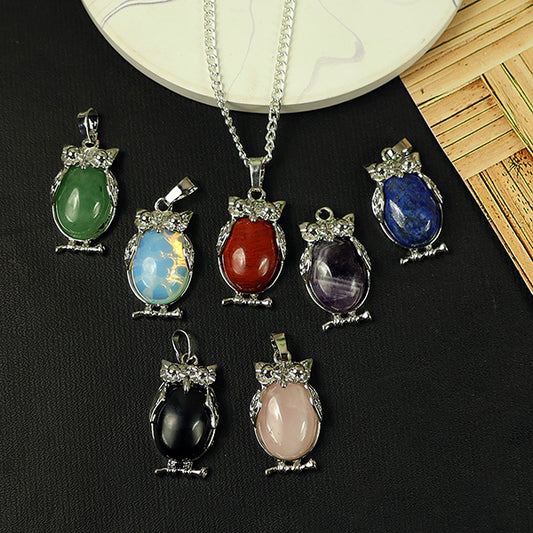 Natural Crystal Stone Owl Shape Pendant - Locket with Metal Chain