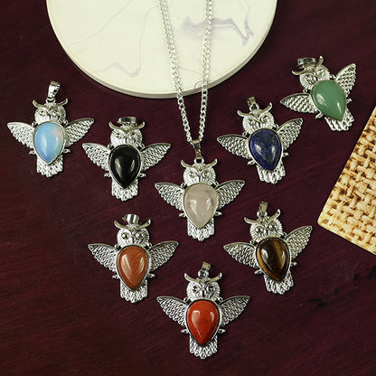 Natural Crystal Stone Owl Shape Design Pendant - Locket with Metal Chain