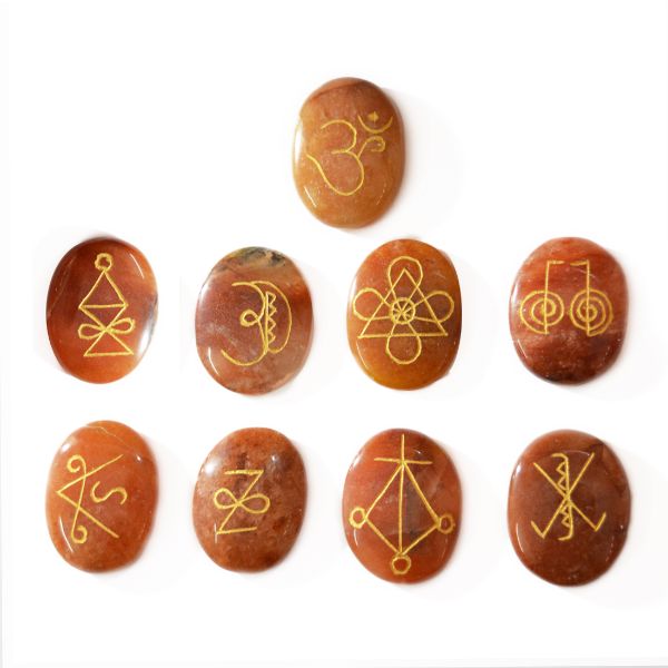 Natural Stone Oval Shape Karuna Reiki Symbol Engraved Set of 9 pcs