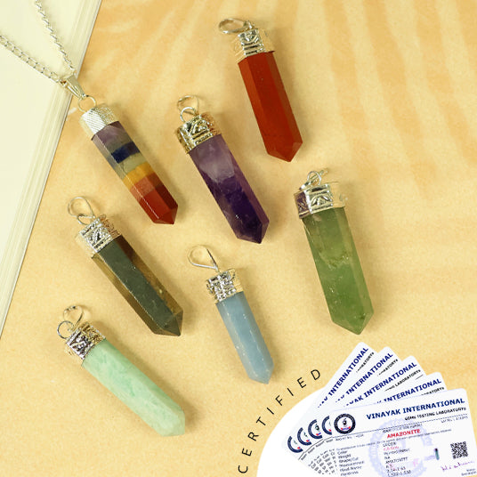 Certified AAA Natural Crystal Stone Pencil Shape Pendant - Locket with Metal Chain