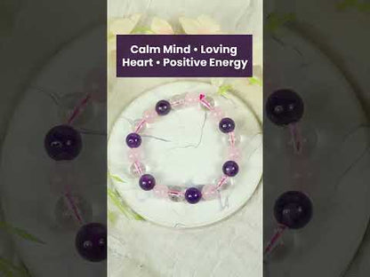 Mind Body Soul Bracelet – Amethyst, Rose Quartz & Clear Quartz 10 mm Round Beads | Reiki Charged Crystal Bracelet for Healing & Balance