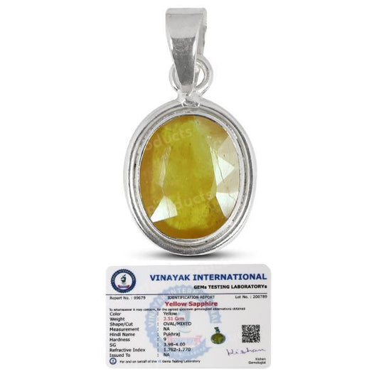 Natural Certified Pukhraj Yellow Sapphire Gemstone Pendant Original Silver 92.5 Pendant 7 CT to 8 CT