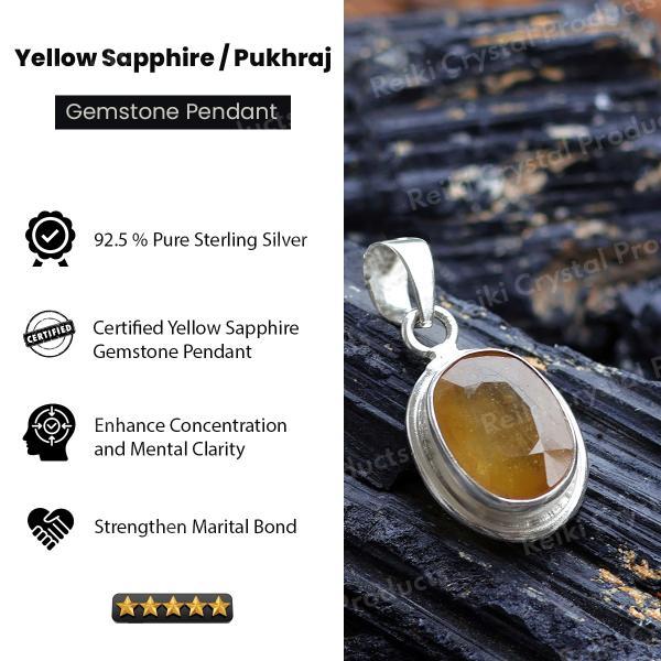 Natural Certified Pukhraj Yellow Sapphire Gemstone Pendant Original Silver 92.5 Pendant 7 CT to 8 CT