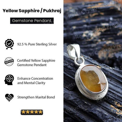 Natural Certified Pukhraj Yellow Sapphire Gemstone Pendant Original Silver 92.5 Pendant 7 CT to 8 CT