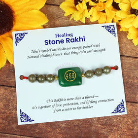 Natural Crystal Healing Stone Rakhi, Pyrite with Green Aventurine Zibu Coin Rakhi