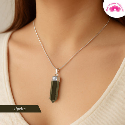 Certified Natural Pyrite Pencil Shape Pendant / Locket with Chain for Unisex