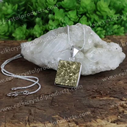 AAA Quality Pyrite Square Shape Rough Pendant With Chain