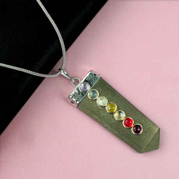 Natural Crystal Stone Flat Stick 7 Chakra Beads Pendant Size 45-50 mm with Metal Chain