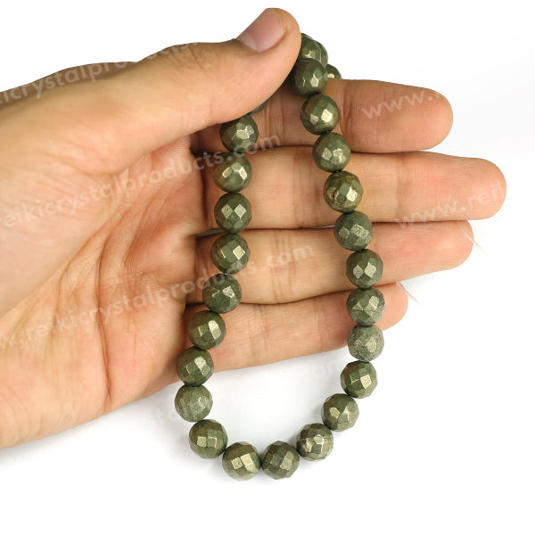 Pyrite gemstone 10mm faceted beads strand with metallic shine