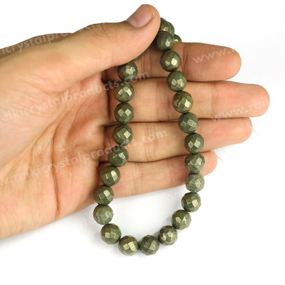 Pyrite gemstone 10mm faceted beads strand with metallic shine