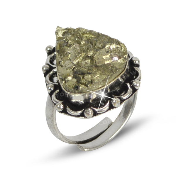 Certified Natural Pyrite Rough Crystal Stone Drop Design Adjustable Ring